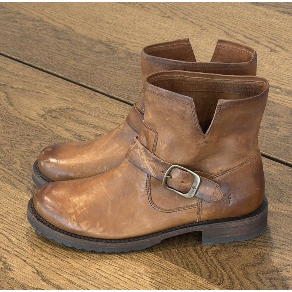 Frye Veronica Flex Bootie Leather Ankle Boots Womens 8.5 Distressed Brown Buckle - Picture 2 of 11